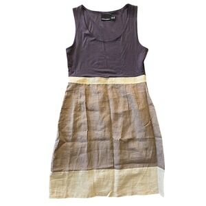 Cynthia Rowley Linen Skirt Dress Colorblock Sleeveless Empire Waist Beige Gray 8